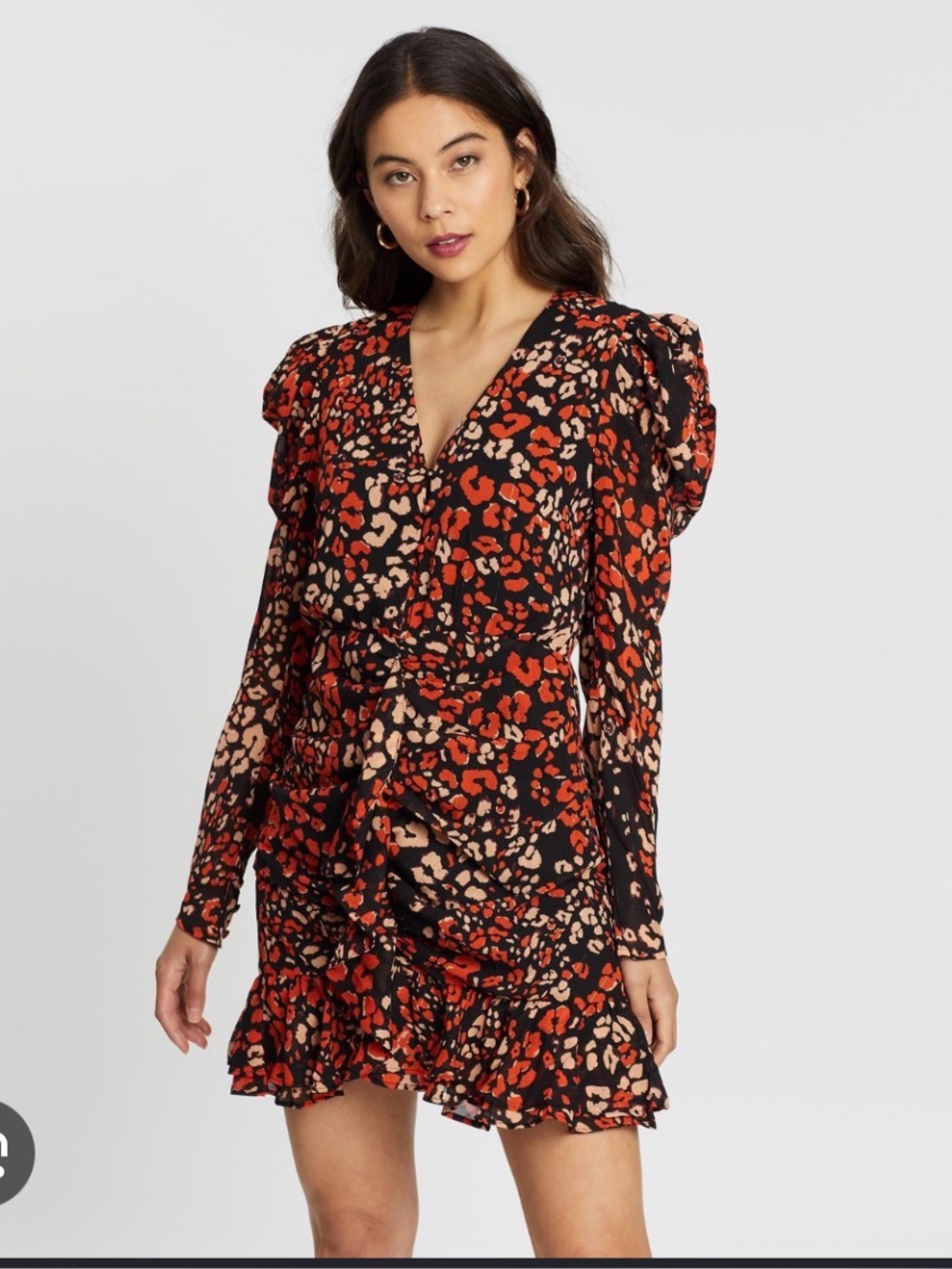 ASTR Black Red and Cream Leopard Print Long Sleeve Dress